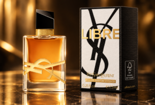 Frasco do perfume Yves Saint Laurent Libre Intense 90 ml ao lado da embalagem preta e branca