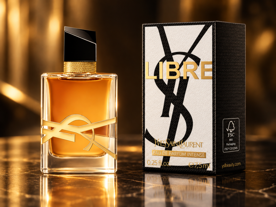 Frasco do perfume Yves Saint Laurent Libre Intense 90 ml ao lado da embalagem preta e branca