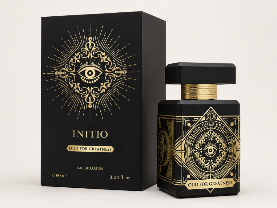 Caixa preta e frasco preto do perfume Initio Oud for Greatness, com detalhes e inscrições douradas.