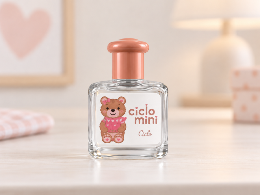 Frasco da Ciclo Mini Ursolina Deo Colônia Infantil Feminina 100 ml, com tampa rosada e ilustração de ursinha