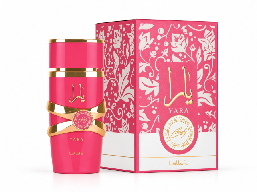 Frasco e embalagem do perfume Lattafa Yara Candy Eau de Parfum feminino 100 ml