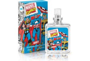 Perfume infantil Marvel Comics Avante Jequiti 25 ml, com frasco e embalagem dos personagens Marvel